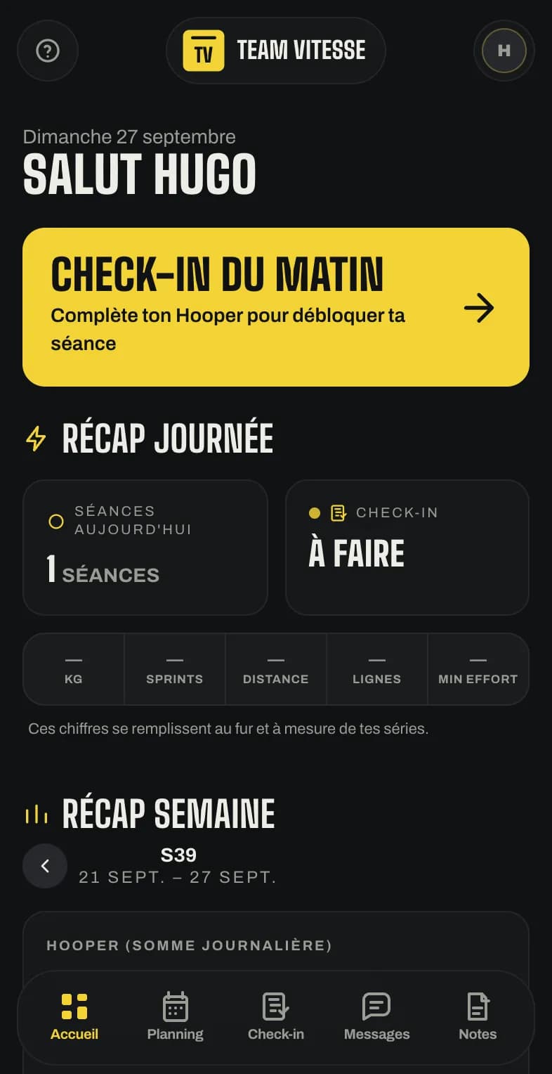 Accueil de l'app athlète : bouton du check-in du matin et récap de la journée
